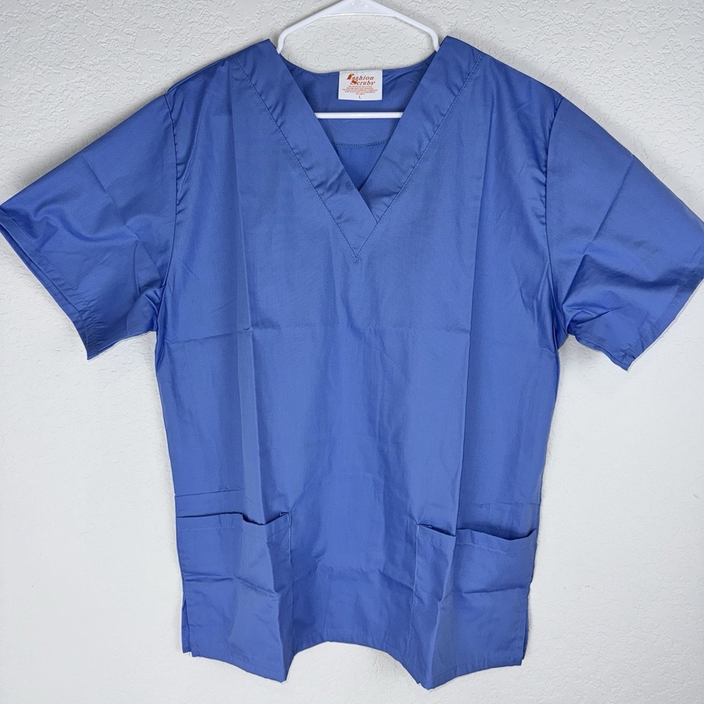 Fashion Scrubs Blue V-Neck Scrub Top Womens Large 2 Pocket Medical Uniform 0588